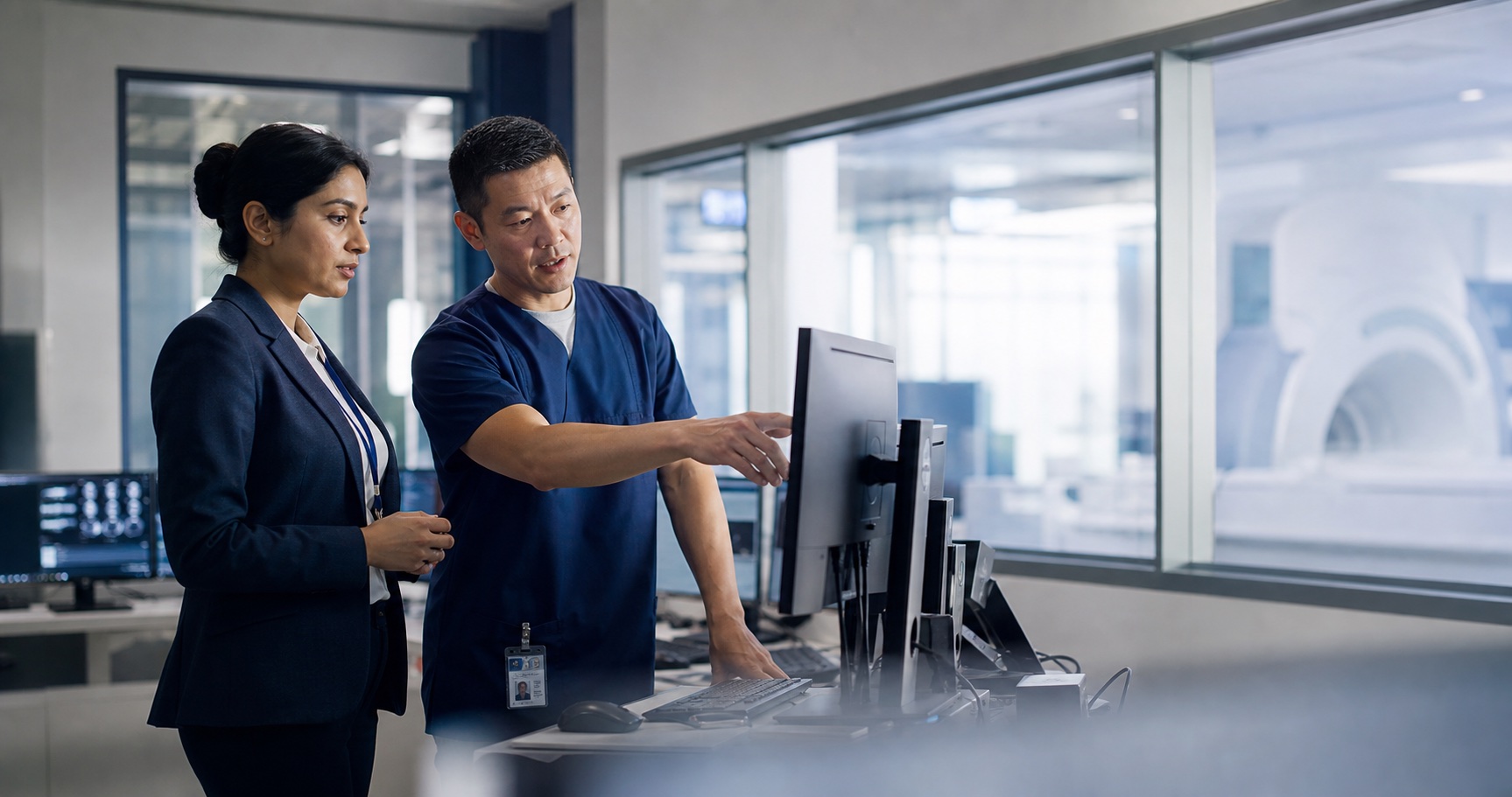 Hospital operations and clinical technology professionals reviewing a connected workflow