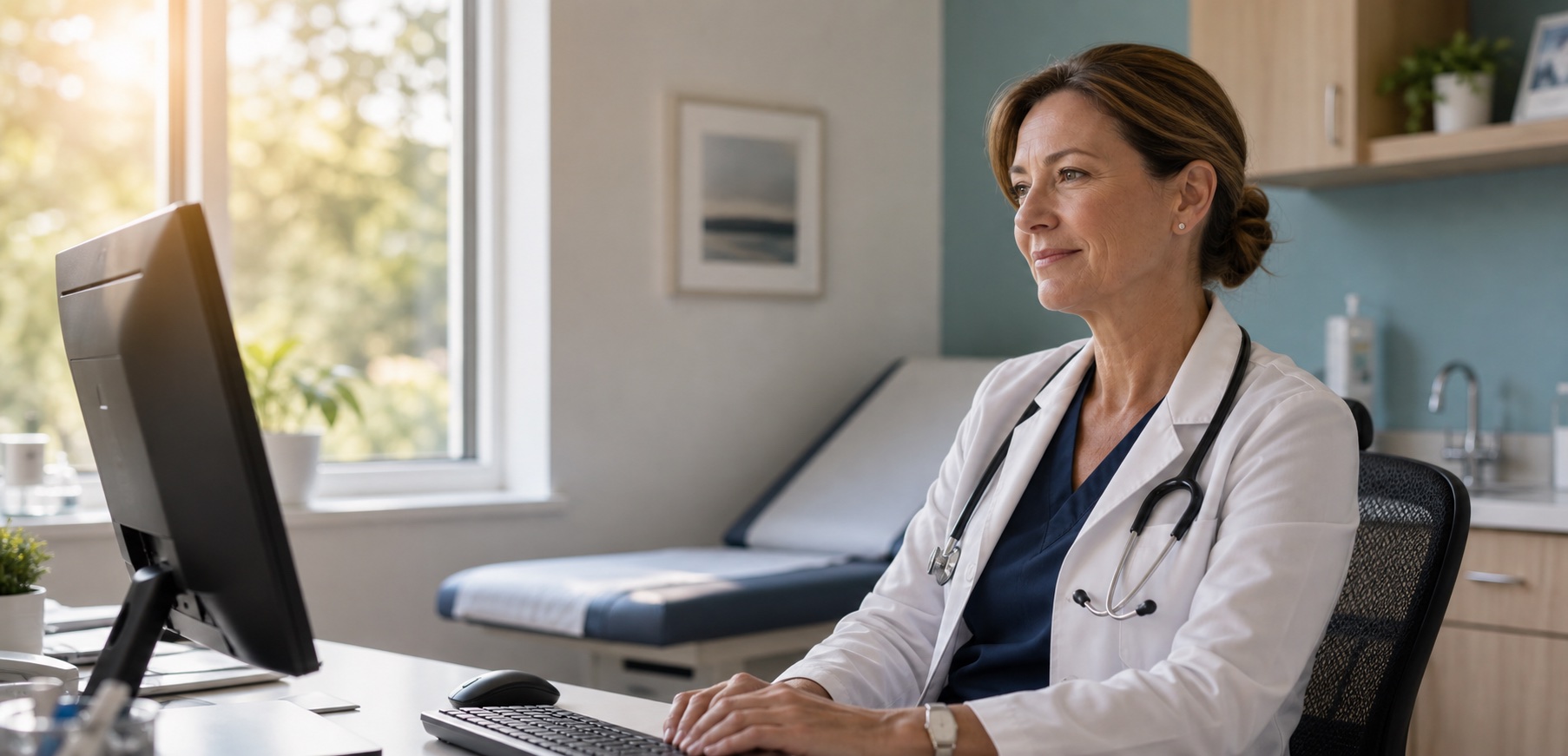 Ontario physician working calmly at a clinic computer